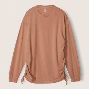 Victorias Secret Pink Campus Long Sleeve Ruched Sides Cotton Tee Shirt Tan